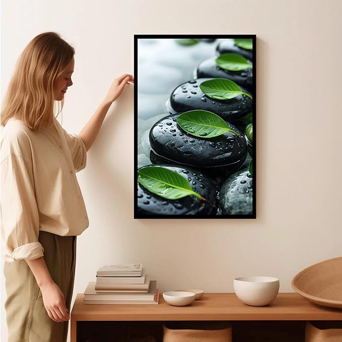 Glittering black stone cluster with fresh green leaves and water drops poster tranquil mist rain wall art zen wall art suitable for modern minimalist home decor 16x24in Metal blackFramed