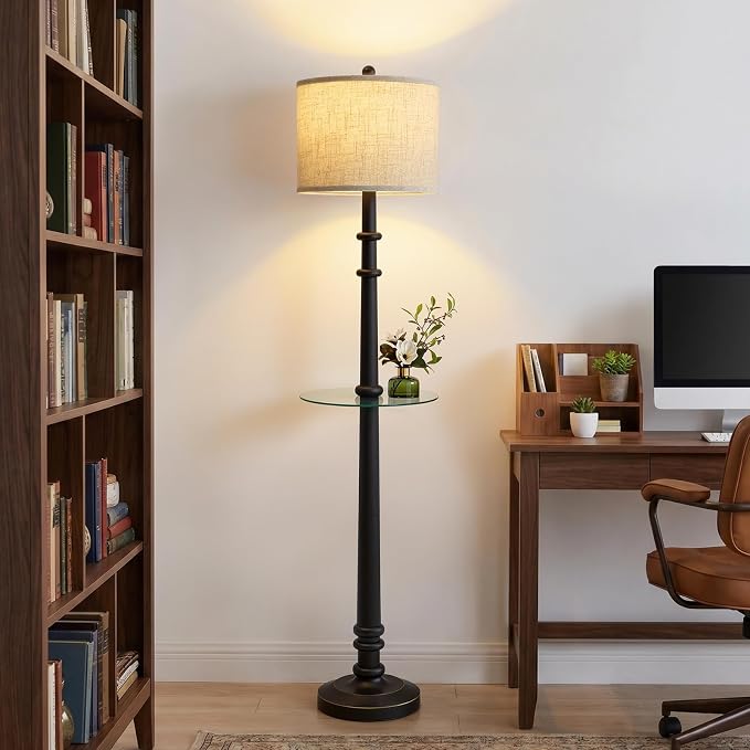 EJIAXIN Floor Lamp with Table - 60" Resin Farmhouse Floor Lamps for Living Room with Adjustable Color Temperatures - Vintage Standing Lamp Reading Light Retro Tall Lamp for Bedroom Office, Black