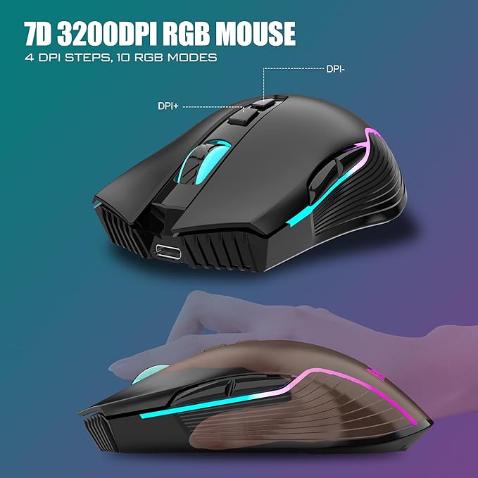 RedThunder K10 Wireless Gaming Keyboard and Mouse Combo, RGB Backlit Rechargeable 3800mAh Battery, Mechanical Feel Anti-ghosting Keyboard with Pudding Keycaps + 7D 3200DPI Mice for PC Gamer (Black)