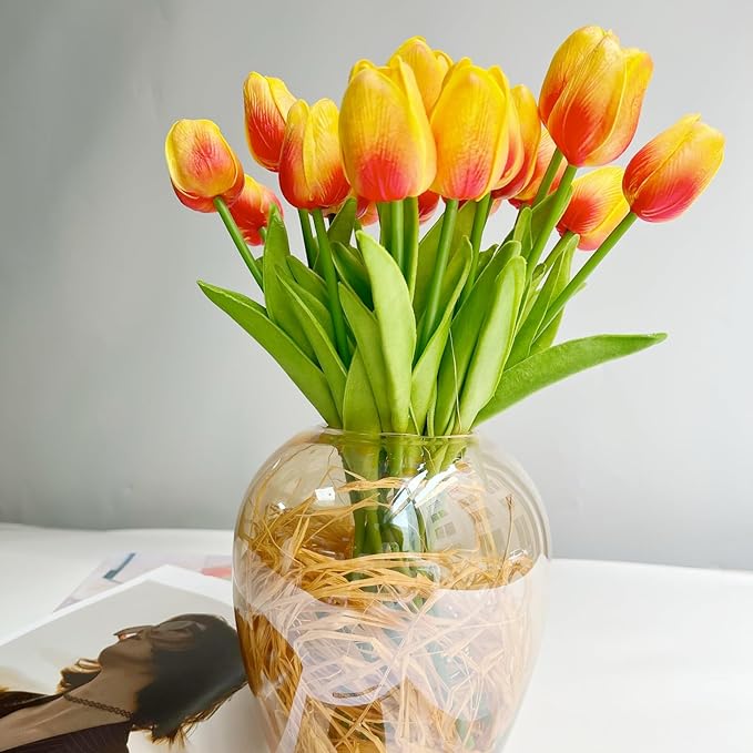 20 Pcs 13” Real Touch Orange Tulips Artificial Flowers, Latex Pu Fake Faux Lifelike Flowers with Stems, for Wedding Bouquet Christmas Fall Home Decor