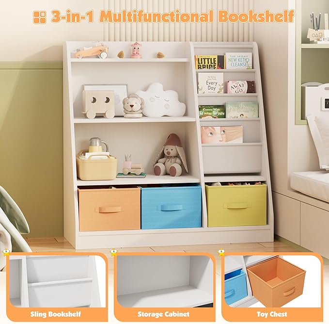 NACHES Kids Bookshelf and Toy Storage Organizer, Montessori Nursery Book Shelves with Sling Rack & Fabric Toy Bins, Toddler Baby Bookcase, Wooden Toy Shelf for Kids Room, Playroom, White-Colorful