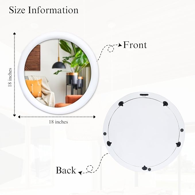 Wall Mirror,Solid Wood Frame Vanity Mirror, Farmhouse Decorative Wall Mirror for Bathroom, Bedroom, Living Room & Entryway, Vertical/Horizontal Hanging, 18x18" RND White Antique ,Wood & Glass