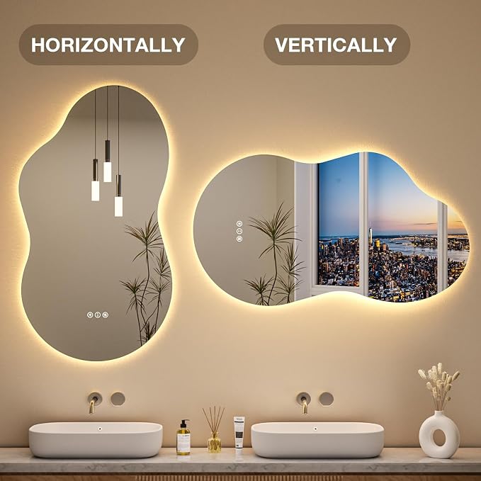 Irregular Cloud Backlit Bathroom Mirror 40x24 Inch, LED Vanity Mirror with Lights Anti-Fog, Dimmable 3 Colors, 4mm Tempered Glass, Horizontal/Vertical Wall Mount for Bathroom or Makeup Area