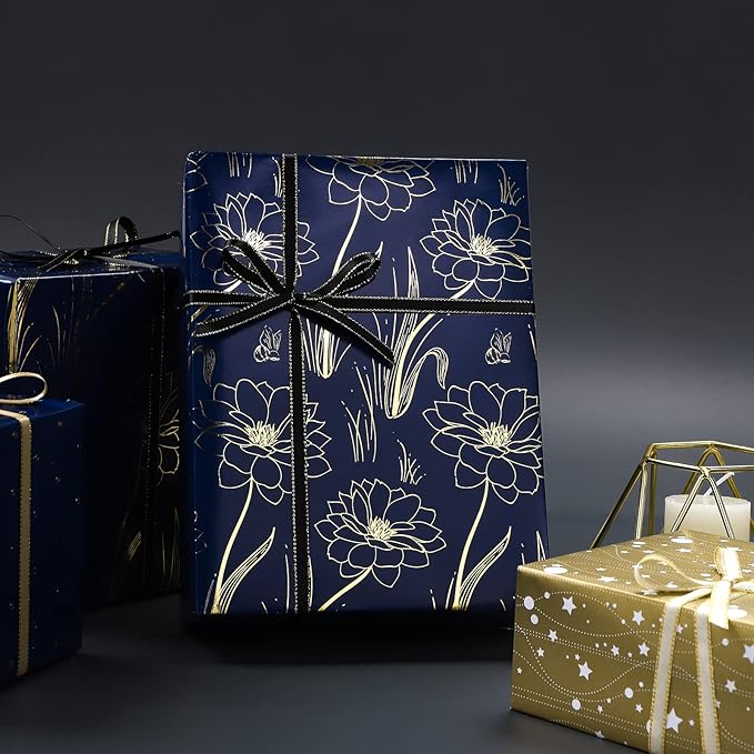 LeZakaa Floral Wrapping Paper Roll, Luxury Metallic Gift Wrap with Floral, Stars & Polka Dot Design for Mothers Day, Wedding, Bridal Shower, Birthday, Anniversary, 17 x 120 inches, 3 Rolls, Mini Roll