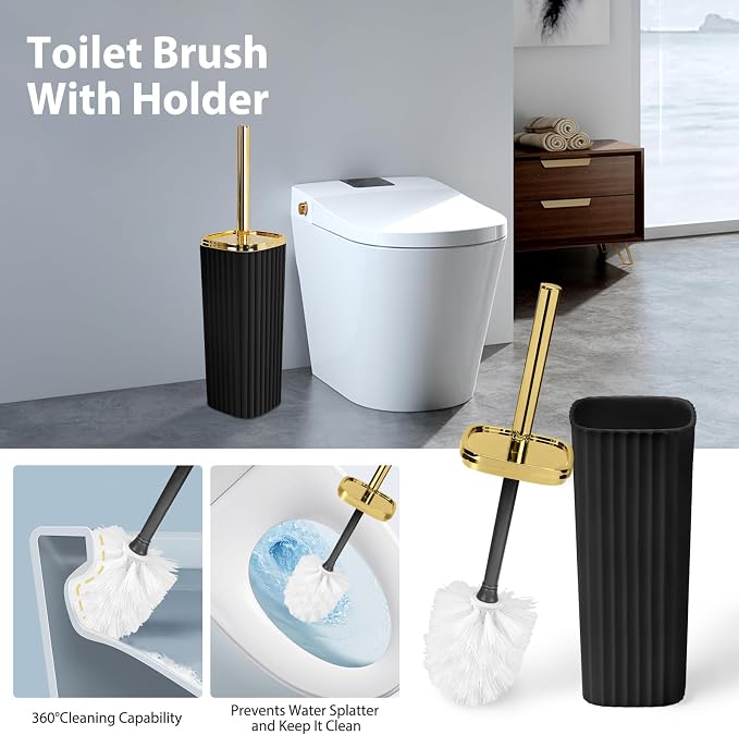 Bathroom Accessory Set, Shower Curtain Set, Toilet Brush, Trash Can & Soap Dispenser (Black Gold, Plastic)