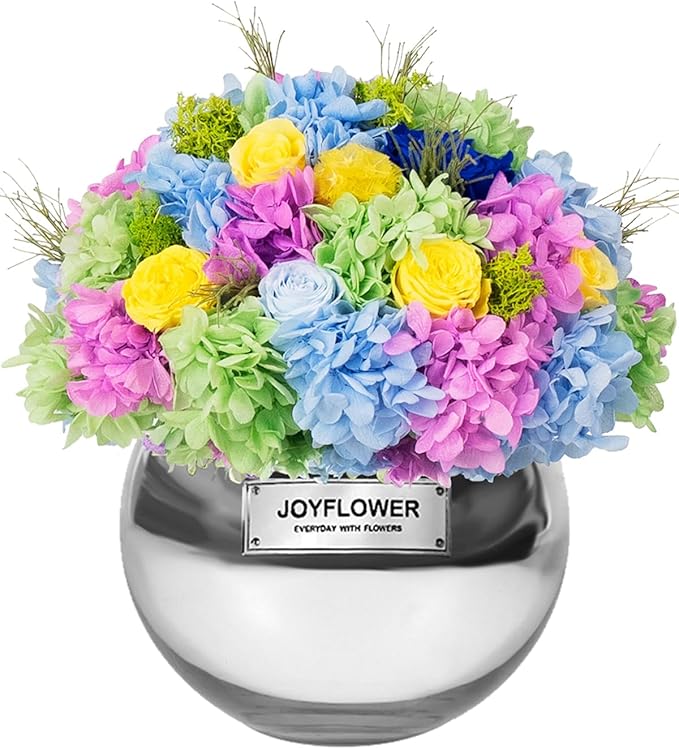 JoyFlower Preserved Flowers Vase Glass Decor, Eternal Flower Vases for Centerpiece, Forever Flower Decorations for Home Wedding Party Table Living Room Bedroom, Preserved Roses in Glass Vase(Colorful)