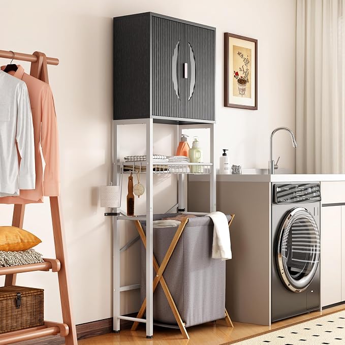 Kalrin Over The Toilet Storage Cabinet with Fluted Wave Doors and Adjustable Shelf, Wood Over Toilet Storage Rack with Drain Basket, Freestanding Bathroom Organizer for Balcony Laundry, Black & White