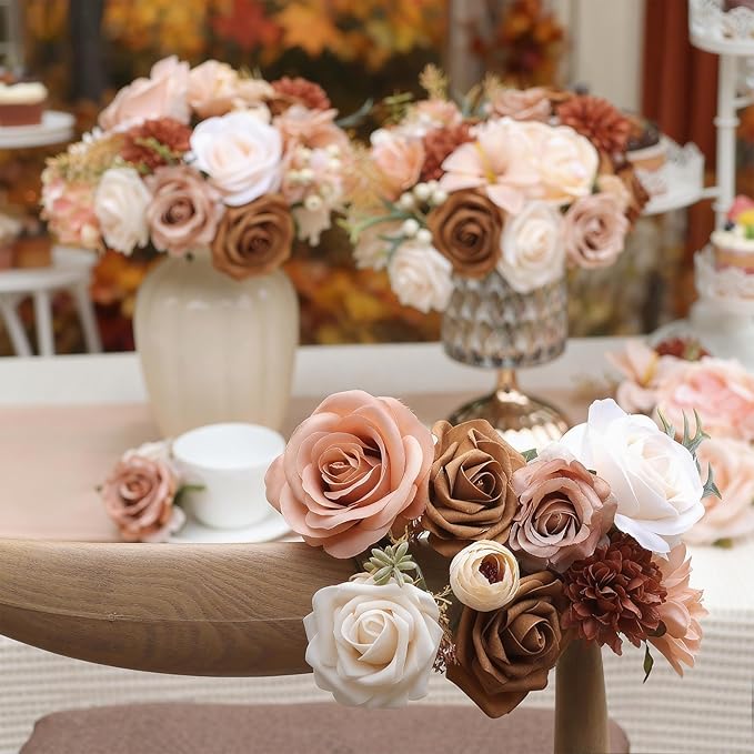 SwanMoon Artificial Flowers Combo Box Set, 30pcs Silk Champagne Roses & Peony with Stems for DIY Wedding Bouquets, Baby Shower, Party Centerpieces & Home Decor