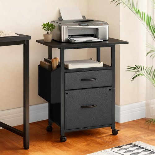 GYIIYUO 2 Drawer File Cabinet - Mobile Rolling Filing Cabinet with Extended Desktop & Side Bag - Black