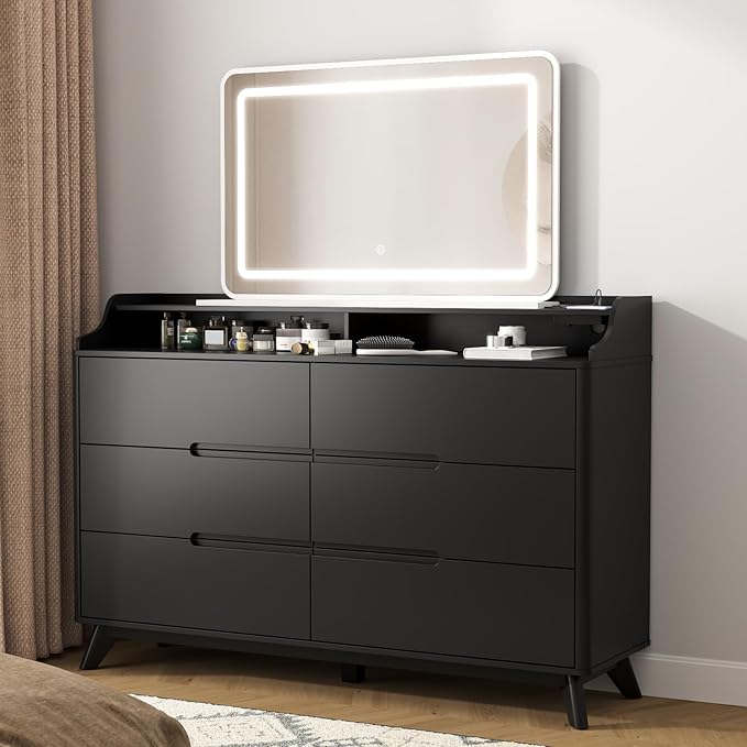 Dresser for Bedroom with 6 Drawers, 55" Large Dresser & Chest of Drawers with Charging Station, Wood Closet Clothes Storage Long Dressers Organizer for Bedroom Living Room Hallway, Black