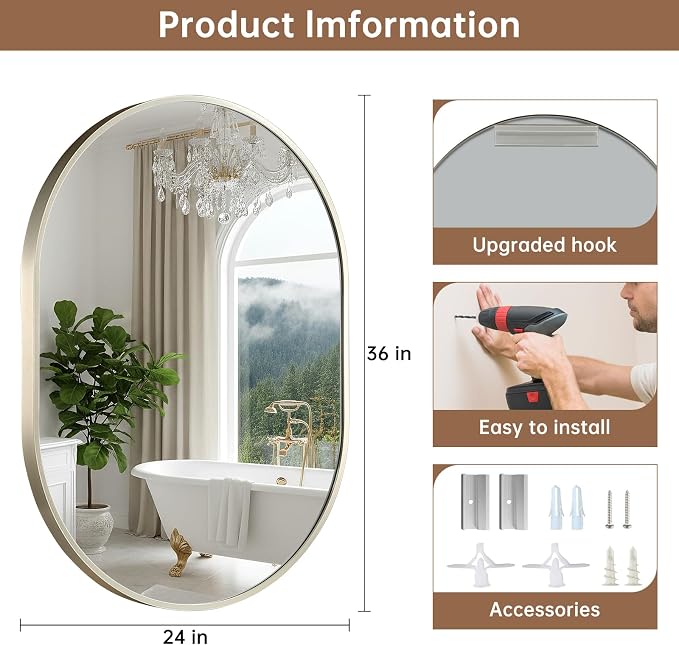 Brushed Nickel Mirror, 24"x36" Oval Bathroom Mirror, Oval Mirror with Brushed Metal Frame, Wall Mount Mirrors Decor for Bathroom, Bedroom, Entryway (Hangs Horizontally or Vertically)