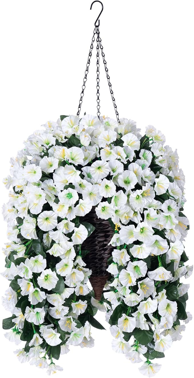 Artificial Fake Flowers Plants Hanging Baskets for Outdoor Outside Winter Christmas Decor, Faux Silk Hanging White Morning Glory Trailing Vines UV Resistant for Porch Patio Home Decoration