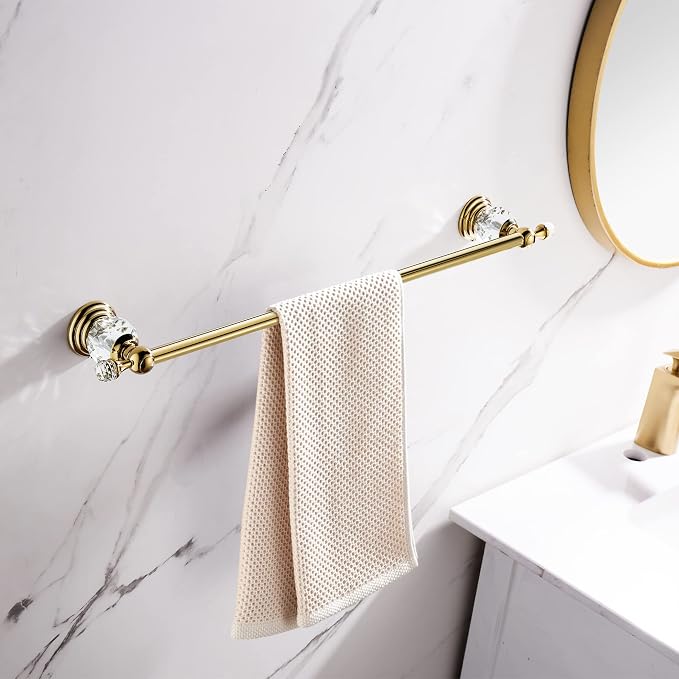 WINCASE Gold Towel Bar, Adjustable Crystal Towel Holder, Golden Finished Bathroom Single Towel Racks Rail Wall Mounted