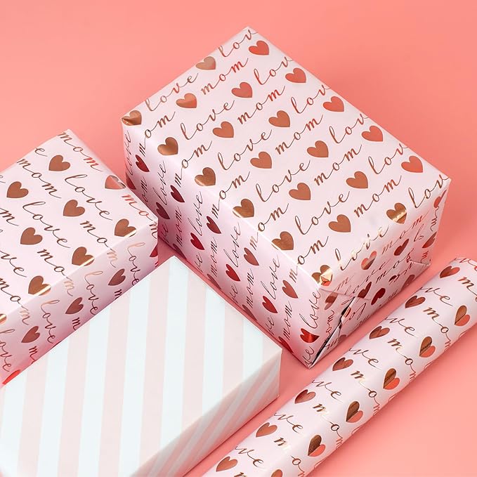 LDGOOAEL Mini Wrapping Paper Roll - Reversible Design (17 Inches X 32.8 Feet) - Love Mom for Mothers Day, Birthday, Baby Shower