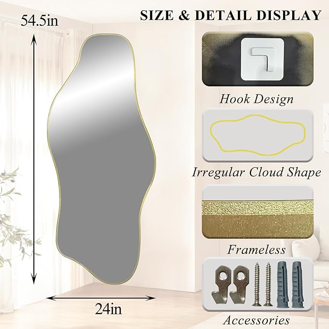 Irregular Wall Mirror, 54.5"x24" Asymmetrical Tempered Glass Mirror, Large Organic Shape Frameless Mirrors for Entryway Hallway Bedroom Living Room, Horizontal or Vertical Hanging