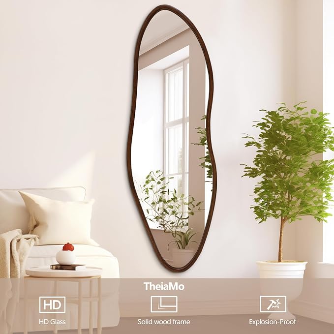 Irregular Full Length Mirror, 65"x22" Wooden Farmhouse Full Body Mirror, Large Asymmetrical Wall Mirrors for Living Room Entryway, Horizontal/Vertical, Walnut