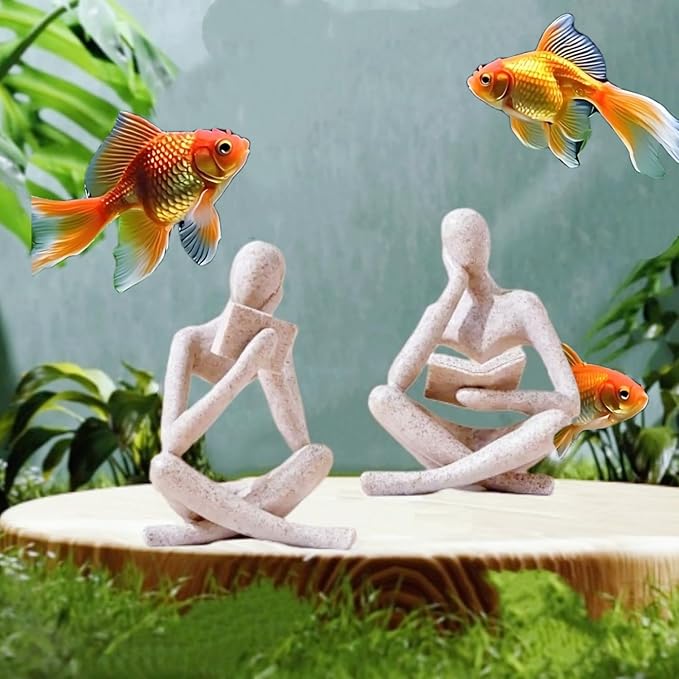 Reading Thinker Statue, Sculptures Abstract Art Ornament, Modern Aesthetic Figurine Decoration Set of 2 Status for Home Living Room Bedroom Office Shelf Table Desk Bookshelf Decor (Sandstone)