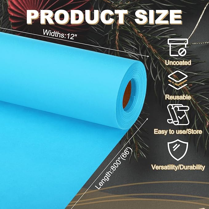 PATIKIL Wrapping Paper, 12"x800"(66') Bulletin Board Paper Roll Kraft Paper Roll Construction 80GSM for Shipping Packing Gift Wrapping Craft Flower Bouquet Christmas, Light Blue