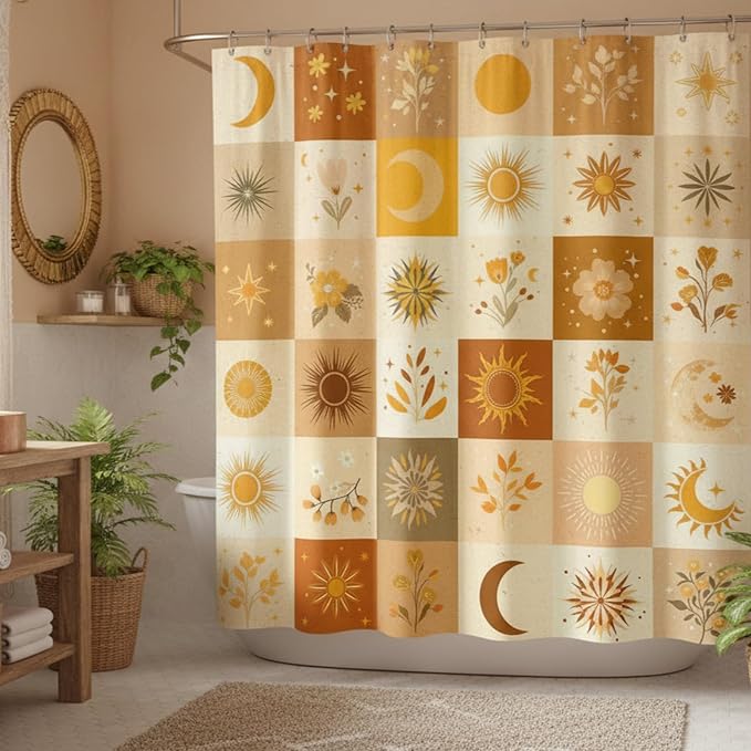 Boho Sun and Moon Shower Curtain, Mid-Century Modern Burnt Orange & Sage Grid Design, Abstract Floral Botanical Celestial Aesthetic Bathroom Decor, Waterproof Fabric, 72x72 Inch.