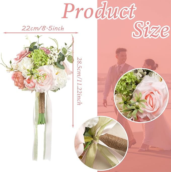 8.6in Blush Wedding Bouquets for Bride Bridesmaid, Pastel Pink White Green Bouquet Artificial Fake Silk Roses Flowers for Wedding Spring Garden Boho Rustic Decoration Toss Bouquet