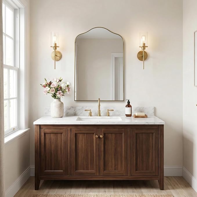 ANDY STAR Brass Scalloped Arched Wall Mirror, 24x36 Brushed Gold Irregular Bathroom Mirror with Curved Design for Vanity, Powder Room, Fireplace, Mantel, with Stainless Steel Metal Frame