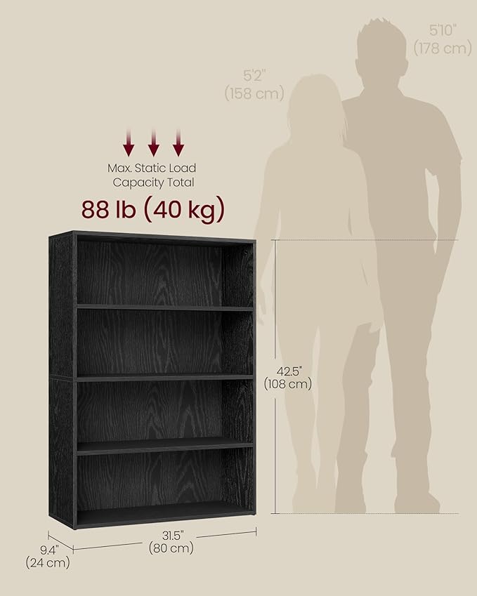 VASAGLE Custos Collection - Bookshelf, 4-Tier Bookcase, Book Shelf, Open Storage Shelf, 9.4 x 31.5 x 42.5 Inches, for Living Room, Home Office, Dining Room, Ebony Black ULBC174B01