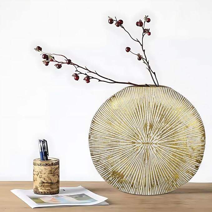 Gold Metal Vase for Home Decor – 13" x 11.8" Modern Decorative Vase for Pampas Grass, Artificial Flowers & Dried Bouquets – Elegant Textured Flower Vase for Living Room, Bedroom & Office