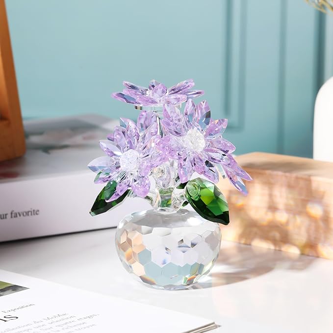 YWHL Purple Crystal Flower Figurines Decor, Beautiful Glass Flower Statue with Crystal Stand, Art Collectible Figurine Gifts for Wife Girlfriend