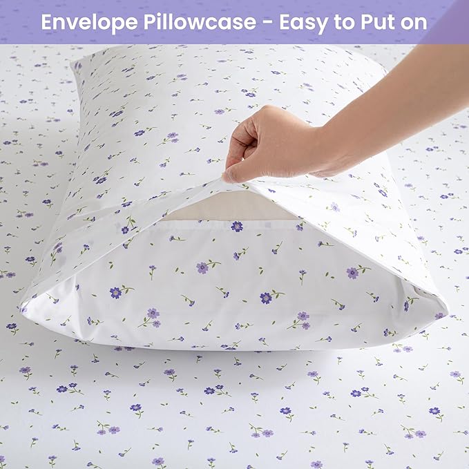 Softan Purple Floral Twin Size Sheet Set, 3 Pieces Microfiber Single Bed Sheets for Girls, Cozy Fitted Sheet with 15" Deep Pockets & Non-Slip Straps, Cute Purple Flower Sheets & Pillowcase Set