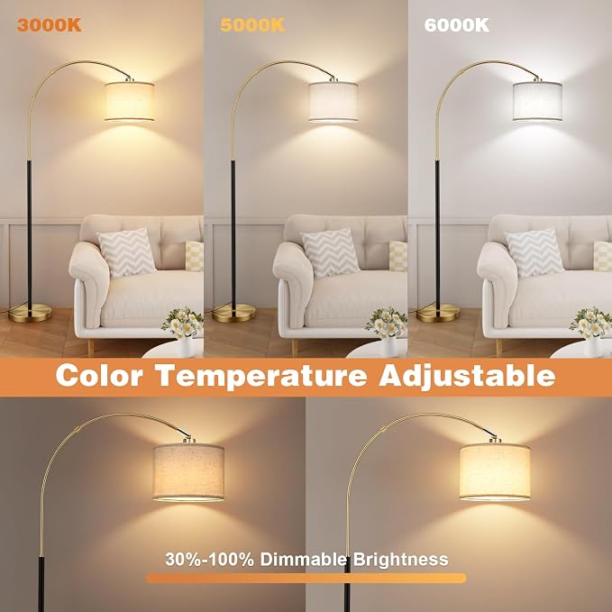 Ambimall Dimmable Arc Floor Lamp with Remote, Color Temperatures and Brightness Adjustable, Arched Floor Lamp with Rotating Head, Over Couch Arched Reading Light for Living Room (Black and Bronze)