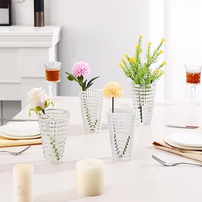 MCMCNCUIU Crystal Flower Vase Set of 4, Glass Vases for Centerpieces, Clear Vases for Flowers, Small Vase for Living Room, Bedroom, Kitchen, Office, Wedding