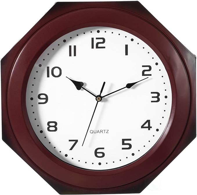Clockswise Quickway Imports Brown Modern Decorative Octagon Shaped Wood- Looking Plastic Wall Clock for Living Room, Kitchen, or Dining Room