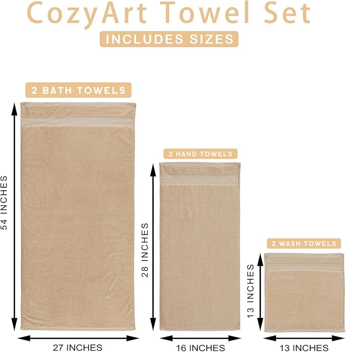 COZYART Beige Bath Towel Set, Turkish Cotton Hotel Large Towel Bulk for Bathroom, Thick Bathroom Set of 6 with 2 Bath Towels, 2 Hand Towels, 2 Washcloths, 650 GSM