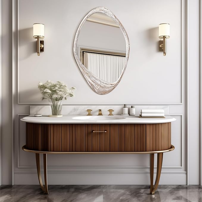 AAZZKANG Irregular Wall Mirror Wooden Large 24"x16" Asymmetrical Decorative Rustic Hanging Mirrors for Bedroom Dressing Room Living Room Bathroom Entryway White