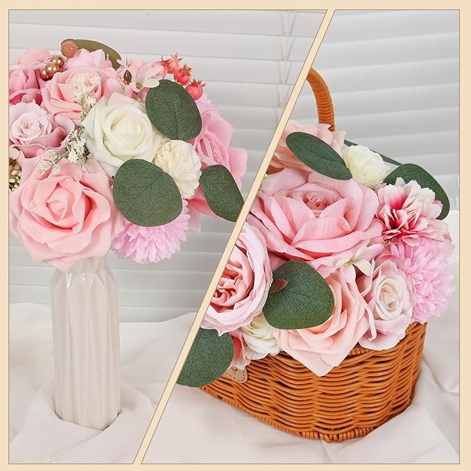 Artificial Flowers Combo Box Set Pink Roses Floral Fake Flowers Realistic Touch Flowers with Stems for Wedding Bouquets Table Centerpieces Home Decor
