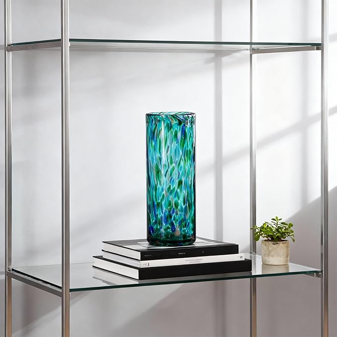 9.45" Tall Teal Vase Hand Blown Glass Vase Green, Modern Teal Home Centerpieces Wide Mouth Vases for Bud&Flower Decor - Ideal Living Room, Kitchen, Wedding, Dining Table, Office Center Table