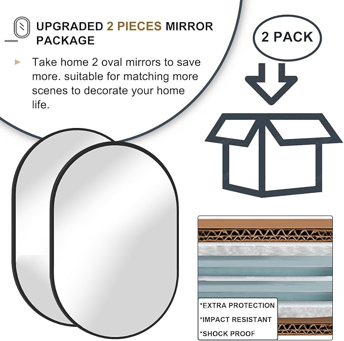 2 Piece Oval Bathroom Mirror Capsule Wall Vanity Mirror, 20"x30" Pill Mirrors Wall Mounted Mirror, Large Modern Mirror with Black Metal Frame, Decor for Entryway, Bedroom, Living Room