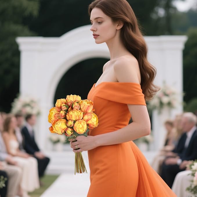 IPOPU Orange Flowers 2 Bouquets Faux Peonies Flowers Look Real 14PCS Artificial Peonies Silk Faux Flowers for Vase for Coffee Table Decor Wedding Decorations Burnt Orange Decor