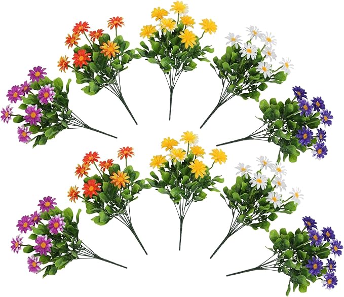 LOGOFUN 10pcs Artificial Chrysanthemum Daisy Bouquet Faux Plastic Flowers for Home Garden Decor