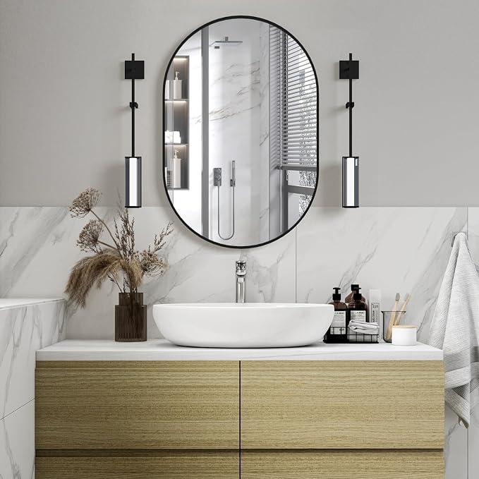 Oval Bathroom Mirror Capsule Wall Vanity Mirror, 24"x36" Pill Mirrors Wall Mounted Mirror, Large Modern Mirror with Black Metal Frame, Decor for Entryway, Bedroom, Living Room
