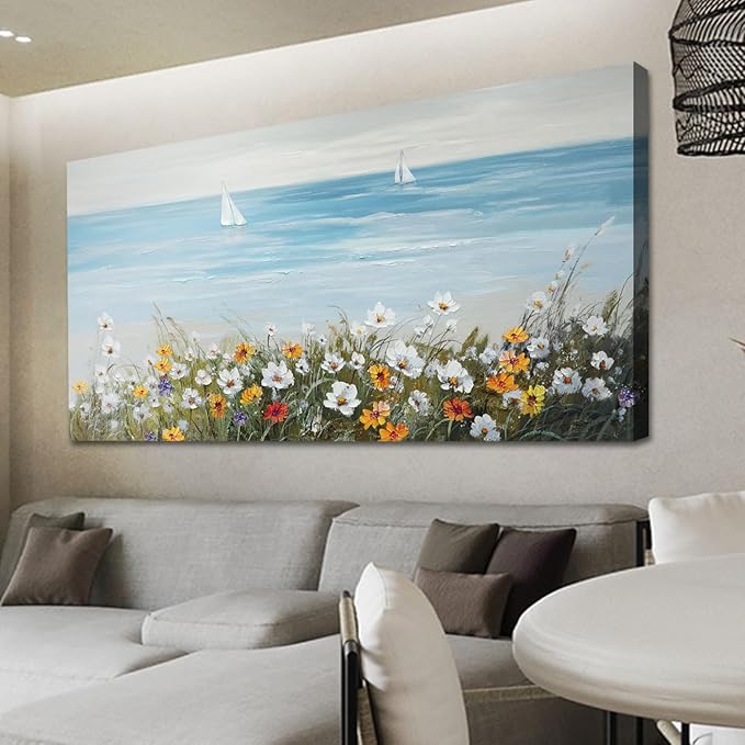 Ardemy Daisy Large Wall Art for Living Room, Floral Canvas Wall Art Ocean Flower Pictures Paintings Wall Decor Living Room Wildflower Artwork Dining Room Home Office Kitchen, 58"x29"