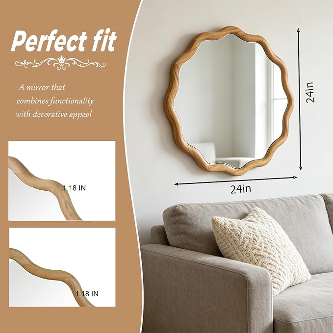 24" Wavy Edge Round Mirror, Solid Wood Framed Wall Decor with Clear Reflection for Bathroom, Bedroom, Living Room & Entryway (Oak)