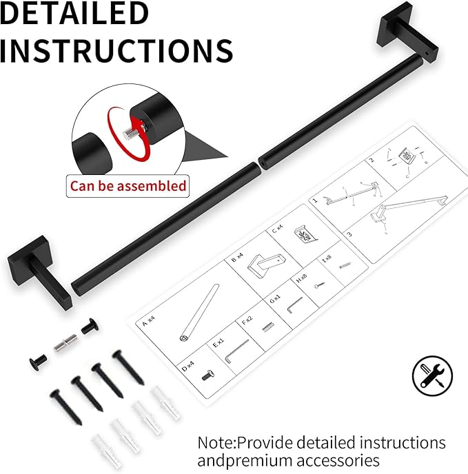 MKO Towel Bar for Bathroom, 24" Hand Towel Holder Rod with Metal, Black Towel Racks for Bathroom Hanger Wall Mounted for Home Essentials, 2 Pack