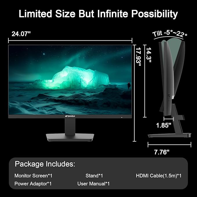 SANSUI 27 Inch Computer Monitor 120Hz, FHD 1080P Monitor, HDMI DP Ports FreeSync, HDR 110% sRGB, Tilt Adjustable Frameless VESA Compatible for Office and Home (ES-27F2, HDMI Cable Included)
