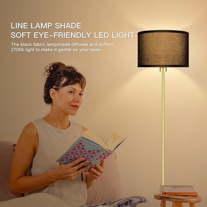 Gold Floor Lamps for Living Room, Modern Bright Standing Lamp, Black Lamp Shades, Foot Switch, Simple Pole Lamps Corner Lamp for Bedroom,Office, Living Room, Den, Black Living Room Lamp(No Bulb)