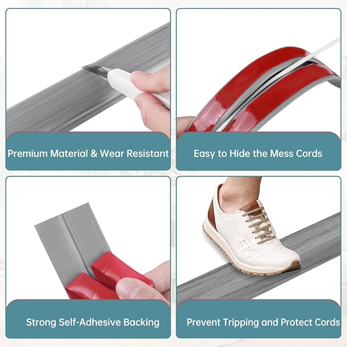 Floor Cord Cover Self Adhesive Cord Hider Floor Extension Cord Covers for Floor Power Cord Protector Cable Management Prevent Cable Trips Cable Cavity 0.59" W x 0.31" H (Light Grey Wood, 20Ft)