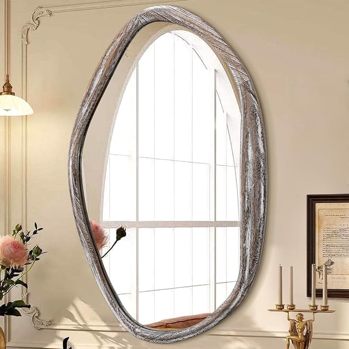 JJUUYOU Large Asymmetrical Mirrors Irregular Bathroom Wall Mirror 26"x18" Wooden Frame Modern Decorative Mirror for Makeup Bathroom Living Room,Brown