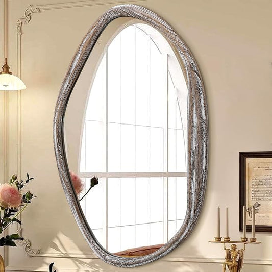 JJUUYOU Large Asymmetrical Mirrors Irregular Bathroom Wall Mirror 26"x18" Wooden Frame Modern Decorative Mirror for Makeup Bathroom Living Room,Brown