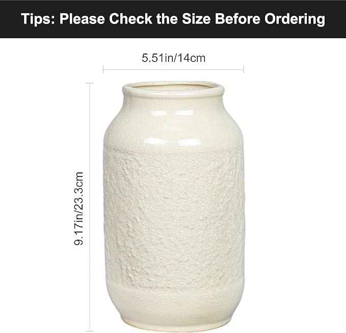 White Ceramic Vase for Flowers, 9 Inch Modern Decorative Vase for Home Decor, Centerpieces, Table, Living Room, Bathroom, Kitchen, Jarrones Decorativos para Sala