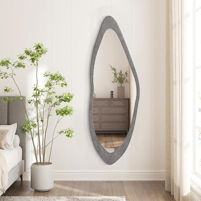 AAZZKANG Wood Mirror Full Length Irregular Large 47"x16" Asymmetrical Full Body Mirrors for Bedroom Living Room Entryway Dressing Room Gray